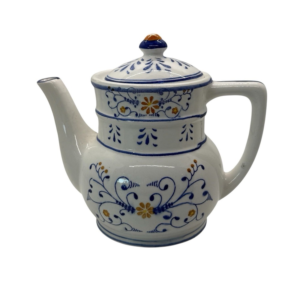 VTG Heritage Royal Sealy Tea Pot w/ lid‎ Japan 1950s Blue White Gold Porcelain